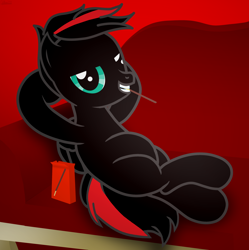 Size: 6562x6600 | Tagged: safe, artist:agkandphotomaker2000, oc, oc:arnold the pony, species:pegasus, species:pony, arm behind head, couch, crossed legs, food, pocky, red and black mane, red and black oc, show accurate, simple background