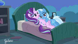 Size: 4443x2501 | Tagged: safe, alternate version, artist:gutovi, character:starlight glimmer, character:trixie, species:pony, species:unicorn, ship:startrix, bed, blushing, cuddling, female, fourth wall, lesbian, looking at you, shipping, show accurate, smug, starlight's room