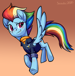 Size: 2912x2944 | Tagged: safe, artist:moonseeker, character:rainbow dash, species:pegasus, species:pony, episode:the last problem, g4, my little pony: friendship is magic, alternate hairstyle, blushing, clothing, female, grin, high res, mare, older, older rainbow dash, signature, simple background, smiling, solo