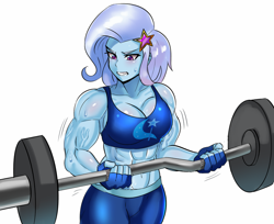 Size: 1024x837 | Tagged: safe, artist:tzc, character:trixie, my little pony:equestria girls, clothing, commission, grand and muscular trixie, gritted teeth, muscles, simple background, sports bra, sweat, vein, weight lifting, white background, workout, workout outfit