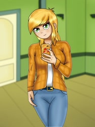 Size: 764x1024 | Tagged: safe, artist:focusb, edit, editor:thomasfan45, character:applejack, species:human, my little pony:equestria girls, bedroom, belt, blonde hair, cellphone, clothing, cute, door, female, human coloration, jacket, jeans, looking at you, pants, phone, selfie, sexy, shirt, solo