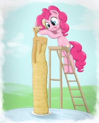 Size: 1760x2193 | Tagged: safe, artist:otakuap, character:pinkie pie, species:earth pony, species:pony, dream, female, food, honey, ladder, pancakes, pile, smiling, solo, syrup, tongue out