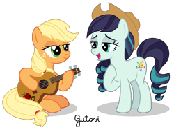 Size: 3334x2501 | Tagged: safe, artist:gutovi, character:applejack, character:coloratura, species:earth pony, species:pony, ship:rarajack, accessory swap, applejack's hat, clothing, cowboy hat, female, guitar, hat, lesbian, mare, missing accessory, musical instrument, rara, shipping, simple background, singing, transparent background