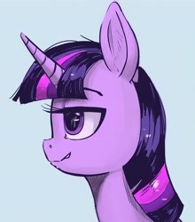 Size: 3088x3508 | Tagged: safe, artist:toisanemoif, character:twilight sparkle, character:twilight sparkle (unicorn), species:pony, species:unicorn, blue background, bust, female, grin, high res, lidded eyes, mare, portrait, simple background, smiling, solo