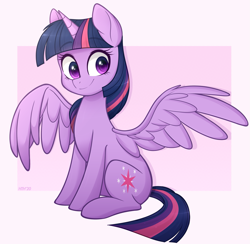 Size: 2045x2000 | Tagged: safe, artist:higgly-chan, character:twilight sparkle, character:twilight sparkle (alicorn), species:alicorn, species:pony, cute, cutie mark, female, high res, mare, simple background, sitting, smiling, solo, spread wings, twiabetes, white background, wings