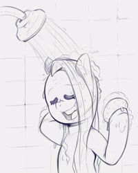 Size: 2000x2500 | Tagged: safe, artist:raph13th, character:fluttershy, species:pegasus, species:pony, eyes closed, female, grayscale, hoof hold, mare, monochrome, open mouth, shower, showering, sketch, solo, sponge, wet mane