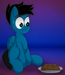 Size: 5780x6600 | Tagged: safe, artist:agkandphotomaker2000, oc, oc:pony video maker, species:pegasus, species:pony, chocolate, chocolate bar, food, plate, resisting, simple background, sitting, sweat