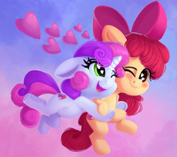 Size: 2000x1767 | Tagged: safe, artist:discorded, character:apple bloom, character:sweetie belle, species:earth pony, species:pony, species:unicorn, ship:sweetiebloom, adorabloom, cute, diasweetes, female, floating heart, heart, heart eyes, lesbian, one eye closed, open mouth, shipping, smiling, underhoof, wingding eyes