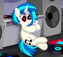 Size: 7200x6600 | Tagged: safe, artist:agkandphotomaker2000, character:dj pon-3, character:vinyl scratch, species:pony, species:unicorn, absurd resolution, album cover, dj booth, female, hoof hold, phone, relaxing, sitting, solo, speakers, taking a break, vinyl disc