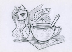 Size: 800x573 | Tagged: safe, artist:maytee, character:fluttershy, species:pegasus, species:pony, cup, female, grayscale, looking at you, mare, micro, monochrome, pencil drawing, raised hoof, solo, spread wings, standing, teacup, traditional art, wings