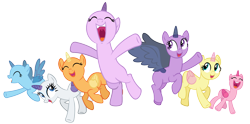 Size: 3000x1487 | Tagged: safe, artist:pegasski, oc, oc only, species:alicorn, species:pony, species:unicorn, episode:the cutie re-mark, alicorn oc, bald, base, eyes closed, group, horn, jumping, open mouth, raised hoof, simple background, transparent background, underhoof, unicorn oc, wings