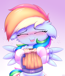 Size: 2300x2700 | Tagged: safe, artist:heavymetalbronyyeah, character:rainbow dash, species:pegasus, species:pony, blep, blushing, cheek fluff, chest fluff, cider, clothing, cute, dashabetes, drunk, drunk bubbles, drunker dash, ear fluff, eyes closed, female, floppy ears, high res, mare, smiling, socks, solo, striped socks, that pony sure does love cider, tongue out