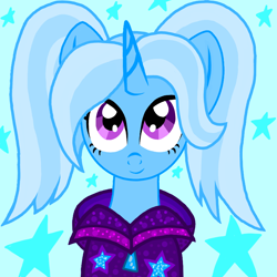 Size: 800x800 | Tagged: safe, artist:katya, character:trixie, species:pony, species:unicorn, babysitter trixie, blue background, bust, clothing, cute, diatrixes, female, gameloft interpretation, hoodie, pigtails, portrait, simple background, solo, stars