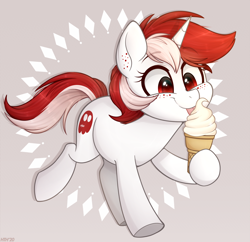 Size: 1100x1066 | Tagged: safe, artist:higgly-chan, oc, oc only, oc:ruby, oc:rubystrings, species:pony, species:unicorn, abstract background, commission, female, filly, foal, food, freckles, ice cream, ice cream cone, licking, mare, smiling, solo, tongue out