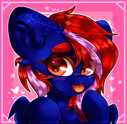 Size: 2050x2000 | Tagged: safe, artist:etoz, oc, oc only, oc:shella swift, species:pegasus, species:pony, abstract background, blushing, commission, cute, eyebrows, eyebrows down, female, heart, mare, pegasus oc, stars, tongue out, wings, ych result