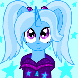 Size: 800x800 | Tagged: safe, alternate version, artist:katya, character:trixie, species:pony, species:unicorn, alternate hairstyle, babysitter trixie, blue background, clothing, cute, diatrixes, female, gameloft interpretation, hoodie, looking at you, mare, pigtails, simple background, solo, stars, twintails