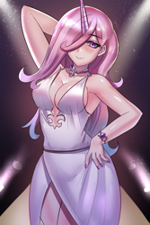 Size: 800x1200 | Tagged: safe, artist:tzc, character:fleur-de-lis, species:human, anime, armpits, blushing, bracelet, breasts, busty fleur-de-lis, cleavage, hair over one eye, horn, horned humanization, humanized, jewelry, midriff, miss fleur is trying to seduce us, necklace