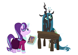 Size: 6256x4424 | Tagged: safe, artist:mr100dragon100, character:queen chrysalis, character:starlight glimmer, species:changeling, species:pony, species:unicorn, a better ending for chrysalis, book, bored, bound wings, changeling queen, cute, cutealis, desk, duo, duo female, female, glimmerbetes, horn, horn ring, levitation, magic, magic suppression, mare, older, older starlight glimmer, reformation, rope, simple background, starlight vs chrysalis, stool, telekinesis, transparent background, wings