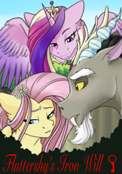 Size: 1668x2388 | Tagged: safe, artist:tillie-tmb, character:discord, character:fluttershy, character:princess cadance, species:pony, ship:discoshy, fanfic art, female, flower, male, shipping, straight