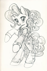 Size: 800x1188 | Tagged: safe, artist:maytee, character:pinkie pie, species:earth pony, species:pony, bipedal, cap, clothing, female, grayscale, hat, hoodie, jacket, monochrome, pants, pencil drawing, rearing, solo, traditional art