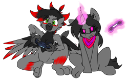 Size: 5176x3240 | Tagged: safe, artist:spheedc, oc, oc only, oc:scorp1.0, oc:scorpio, oc:shining burst mk.5, species:griffon, species:pony, species:unicorn, android, controller, game face, gaming, robot, simple background, transparent background
