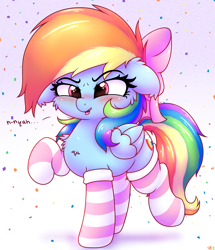 Size: 2150x2500 | Tagged: safe, artist:heavymetalbronyyeah, character:rainbow dash, species:pegasus, species:pony, blushing, bow, cheek fluff, chest fluff, clothing, confetti, cute, dashabetes, dialogue, ear fluff, female, floppy ears, fluffy, hair bow, high res, mare, nya, open mouth, socks, solo, striped socks, weapons-grade cute