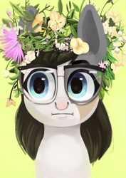 Size: 2897x4096 | Tagged: safe, artist:toisanemoif, oc, oc only, species:pony, :i, bust, female, floral head wreath, flower, glasses, nose piercing, piercing, portrait, solo