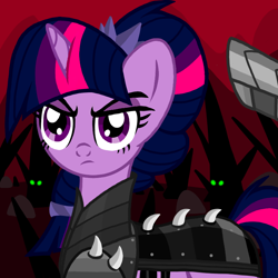 Size: 800x800 | Tagged: safe, artist:katya, character:king sombra, character:twilight sparkle, alternate timeline, armor, crystal war timeline, glowing eyes, offscreen character, soldier, solo focus, traitor, traitor sparkle