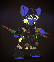 Size: 2600x3000 | Tagged: safe, artist:etoz, oc, oc only, oc:spore, species:pony, armor, bipedal, clothing, cosplay, costume, fangs, male, skaven, stallion, sword, warhammer (game), weapon