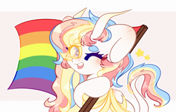 Size: 3300x2100 | Tagged: safe, artist:etoz, oc, oc only, oc:rainbow dreams, species:pegasus, species:pony, blushing, commission, eye clipping through hair, female, flag, gay pride, gay pride flag, horn, horns, leonine tail, lgbt, mare, one eye closed, pegasus oc, pride, pride flag, pride month, ribbon, simple background, smiling, stars, two toned wings, wings, wink, ych result
