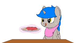 Size: 1920x1080 | Tagged: safe, artist:spritepony, oc, oc only, oc:sprite, species:alicorn, species:pony, newbie artist training grounds, alicorn oc, bib, eyes on the prize, food, horn, licking, licking lips, magic, offscreen character, pasta, simple background, sitting, solo, spaghetti, telekinesis, tongue out, wings