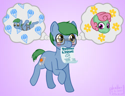 Size: 1000x772 | Tagged: safe, artist:phallen1, oc, oc only, oc:software patch, oc:windcatcher, species:pony, newbie artist training grounds, atg 2020, blushing, daydream, gradient background, pamphlet, simple background, skydiving, walking, windpatch, written equestrian