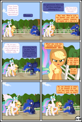 Size: 1920x2854 | Tagged: safe, artist:gutovi, character:applejack, character:fluttershy, character:princess celestia, character:princess luna, species:alicorn, species:earth pony, species:pony, comic:why me!?, ship:applelestia, alternate ending, alternate hairstyle, blushing, comic, explicit series, female, freckles, implied group sex, implied sex, implied threesome, lesbian, missing accessory, pigtails, shipping, sweet apple acres