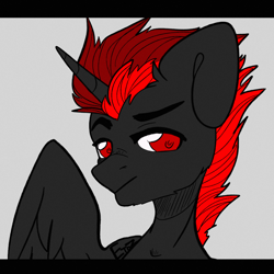 Size: 2000x2000 | Tagged: safe, artist:etoz, oc, oc only, oc:dark star, species:alicorn, species:pony, alicorn oc, eyebrows, horn, male, male alicorn oc, red and black oc, red eyes, request, requested art, simple background, sketch, stallion, wings