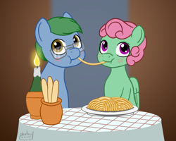 Size: 1000x800 | Tagged: safe, artist:phallen1, oc, oc only, oc:software patch, oc:windcatcher, species:earth pony, species:pegasus, species:pony, newbie artist training grounds, atg 2020, blushing, breadsticks, candle, cute, food, glasses, lady and the tramp, parody, pasta, scene parody, spaghetti, tablecloth, windpatch