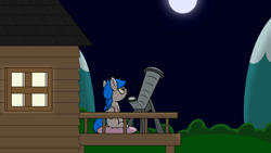 Size: 1920x1080 | Tagged: safe, artist:spritepony, oc, oc only, oc:sprite, species:alicorn, species:pony, newbie artist training grounds, alicorn oc, horn, house, looking up, night, sitting, solo, sprite's ponyville house, stargazing, telescope, wings