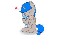 Size: 1920x1080 | Tagged: safe, artist:spritepony, character:trixie, oc, oc:sprite, species:alicorn, species:pony, species:unicorn, newbie artist training grounds, alicorn oc, canon x oc, cape, clothing, crush plush, cute, floating heart, hat, heart, horn, plushie, shipping, simple background, sitting, snuggling, trixie's cape, trixie's hat, wings