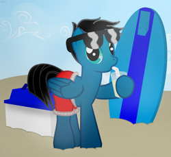 Size: 7200x6600 | Tagged: safe, artist:agkandphotomaker2000, oc, oc:pony video maker, species:pegasus, species:pony, clothing, cooler, drink, drinking, glass, sand, show accurate, simple background, straw, sunglasses, surfboard, swimsuit