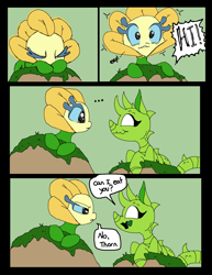Size: 2056x2664 | Tagged: safe, artist:smirk, oc, oc only, oc:goldie, oc:thorn, comic, cute, dialogue, duo, foal, ms paint, original species, plant, plant pony