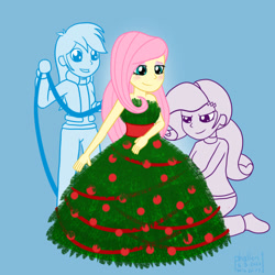 Size: 1000x1000 | Tagged: safe, artist:phallen1, character:fluttershy, character:rainbow dash, character:rarity, newbie artist training grounds, my little pony:equestria girls, atg 2020, blushing, christmas, christmas tree, clothing, dress, fluttertree, gown, holiday, simple background, tree