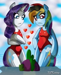 Size: 550x680 | Tagged: safe, artist:xjkenny, character:rainbow dash, character:rarity, character:spike, species:anthro, species:unguligrade anthro, ship:rainbowspike, ship:sparity, baywatch, clothing, female, heart, lifeguard, male, one-piece swimsuit, shipping, sparidash, straight, swimsuit