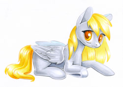 Size: 990x705 | Tagged: safe, artist:maytee, character:derpy hooves, species:pegasus, species:pony, female, frown, mare, marker drawing, prone, simple background, solo, traditional art, white background