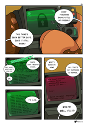 Size: 2893x4092 | Tagged: safe, artist:raph13th, oc, oc only, oc:roulette, comic:that day, fallout equestria, comic, cracked, error, female, glitch, locked, pipbuck, pointing, screen, simple background