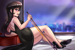 Size: 800x534 | Tagged: safe, artist:tzc, character:octavia melody, species:human, anime, backless, bare shoulders, beautiful, bow (instrument), cello, clothing, dress, female, high heels, humanized, legs, little black dress, looking back, musical instrument, open mouth, profile, schrödinger's pantsu, shoes, sitting, sleeveless, solo, thighs