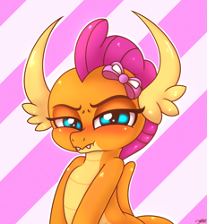 Size: 2500x2700 | Tagged: safe, artist:heavymetalbronyyeah, character:smolder, species:dragon, blushing, bow, chubby cheeks, cute, cute little fangs, dragoness, fangs, female, looking at you, puffy cheeks, smolderbetes, smoldere, solo, tsundere