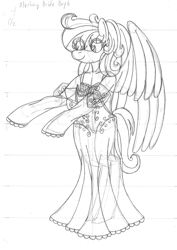 Size: 2550x3610 | Tagged: safe, artist:supra80, oc, oc:cold front, species:anthro, species:pegasus, species:pony, species:unguligrade anthro, anthro oc, black and white, clothing, crossdressing, dress, femboy, grayscale, lingerie, male, monochrome, see-through, sketch, traditional art, underwear, wedding dress, wings
