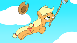 Size: 1920x1080 | Tagged: safe, artist:spritepony, character:applejack, character:rainbow dash, species:earth pony, species:pony, newbie artist training grounds, applejack's hat, clothing, cowboy hat, flying, frustrated, hat, mouth hold, offscreen character, rope