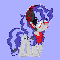 Size: 2200x2200 | Tagged: safe, alternate version, artist:missmele-madness, oc, oc only, oc:cinnabyte, species:earth pony, species:pony, blue background, female, glasses, headphones, high res, mare, simple background, solo