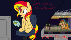 Size: 1920x1080 | Tagged: safe, artist:spritepony, character:sunset shimmer, species:pony, species:unicorn, newbie artist training grounds, colored sketch, controller, defying the odds, female, magic, nintendo 64, paper mario, shocked, sitting, solo, speech, stryder7x, talking, telekinesis, television, video game