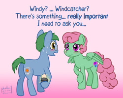Size: 1000x796 | Tagged: safe, artist:phallen1, oc, oc only, oc:software patch, oc:windcatcher, species:pony, newbie artist training grounds, atg 2020, blushing, crying, female, gradient background, hoof hold, male, marriage proposal, oc x oc, ring box, shipping, simple background, straight, sweat, talking, tears of joy, windpatch